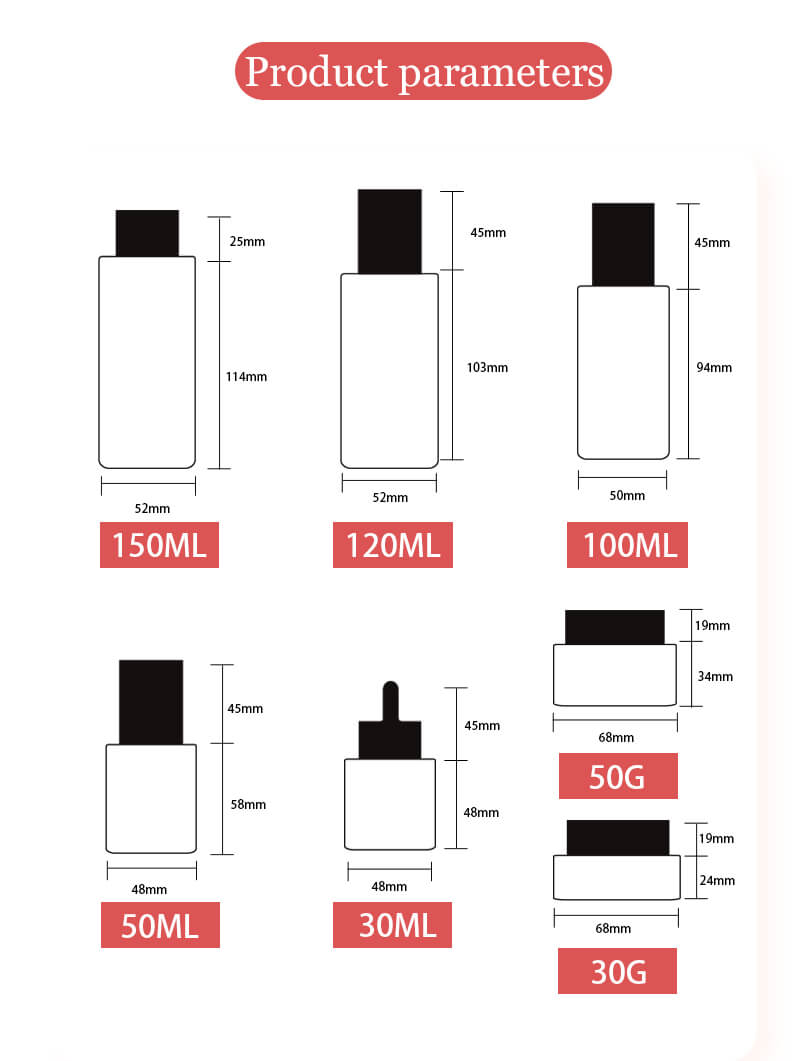 Emballage de bouteilles et de pots en verre de soins de la peau de diverses capacités