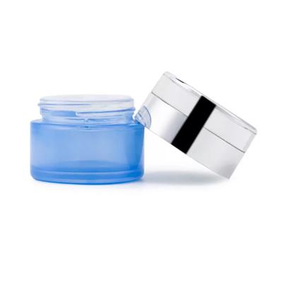 Pot en verre cosmétique bleu mat de récipient de crème de lotion pour le visage vide
