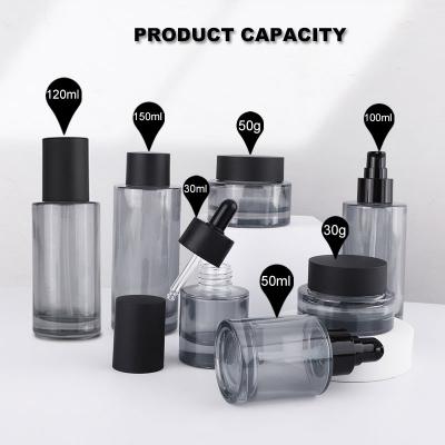 Ensemble de bouteilles en verre à épaule plate grise pour les soins de la peau d'emballage cosmétique