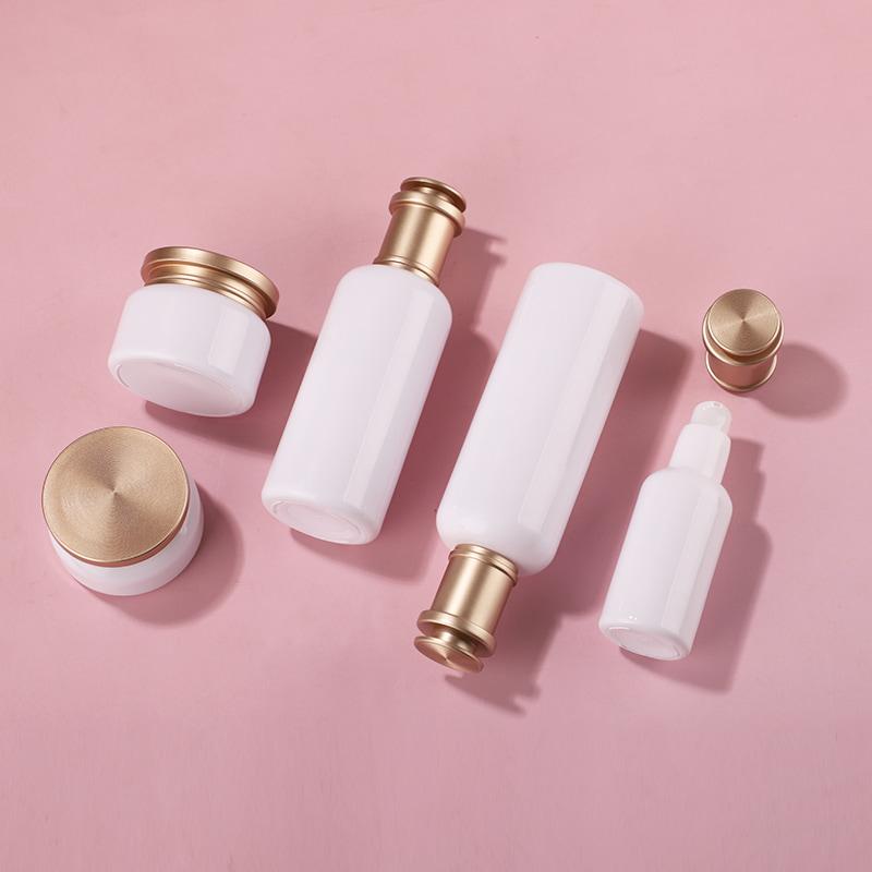 Golden Lid White Glass Bottle Set
