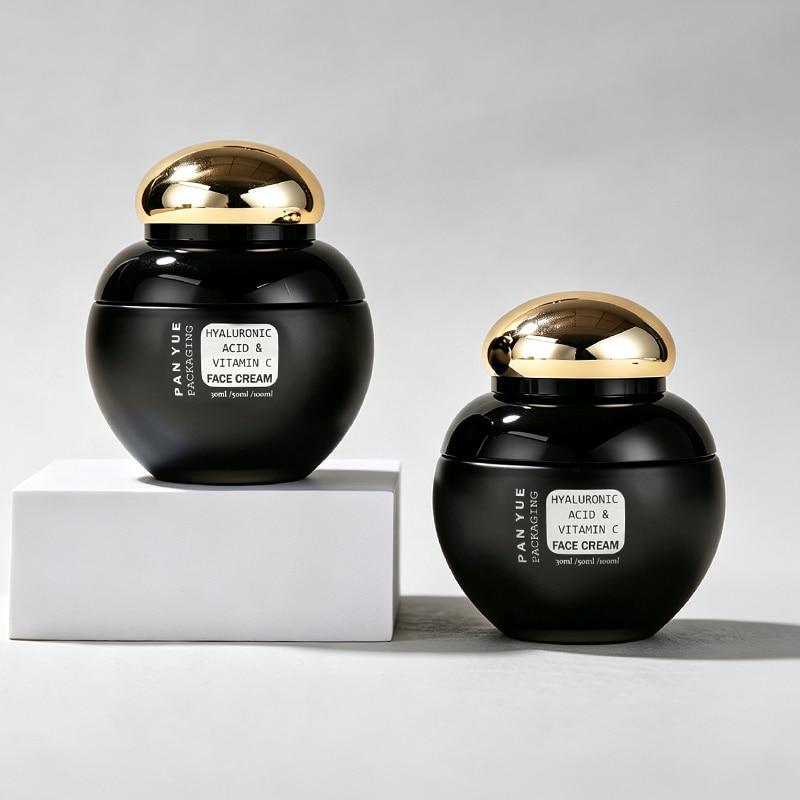 Black Round Cosmetic Cream Jar Gold Lid
